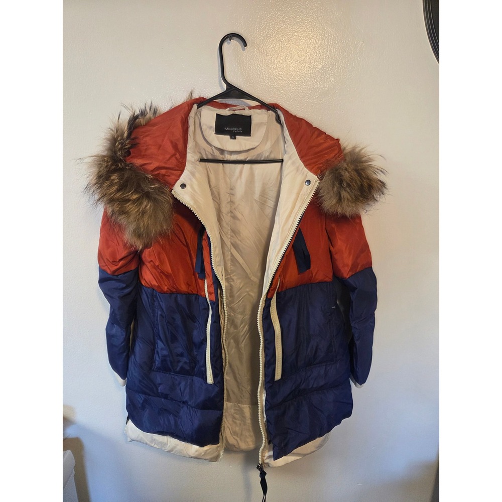 Missfofo Fashion Colorblock Puffer Parka Jacket Faux Fur Hood Red Blue XL